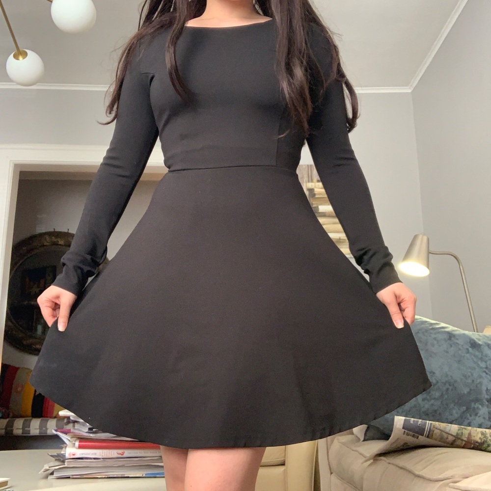 lulu’s black fit and flair long sleeve dress